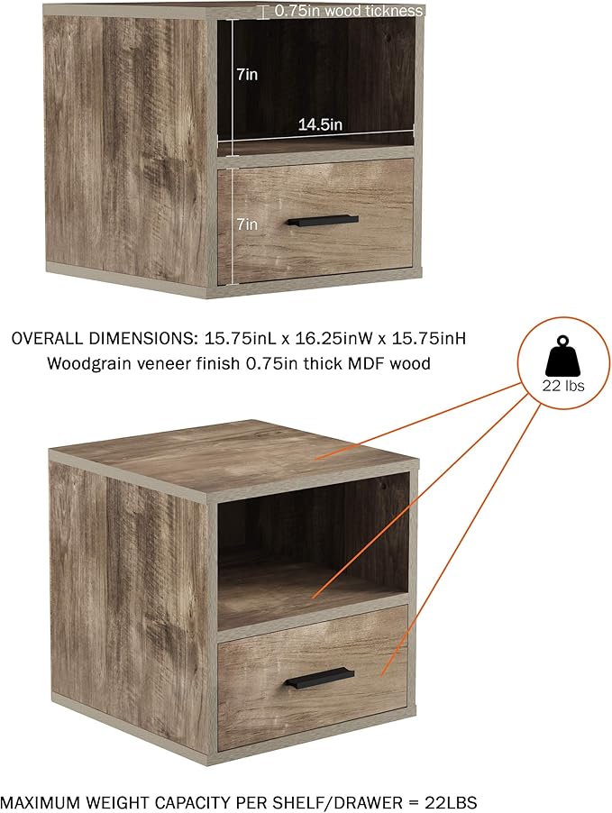 Lavish Home End Stackable Contemporary Minimalist Modular Cube Accent Table with Drawer for Bedroom, Living Room or Office (Gray),
