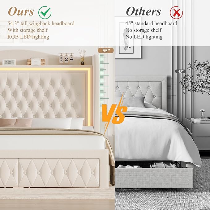King Bed Frame 55" Tall Headboard with LED Lights, Buttons Tufted Velvet Upholstered Platform Bed Frame with 2 Storage Drawers, Wood Slats Support Mattress Foundation, No Box Spring Needed, Beige