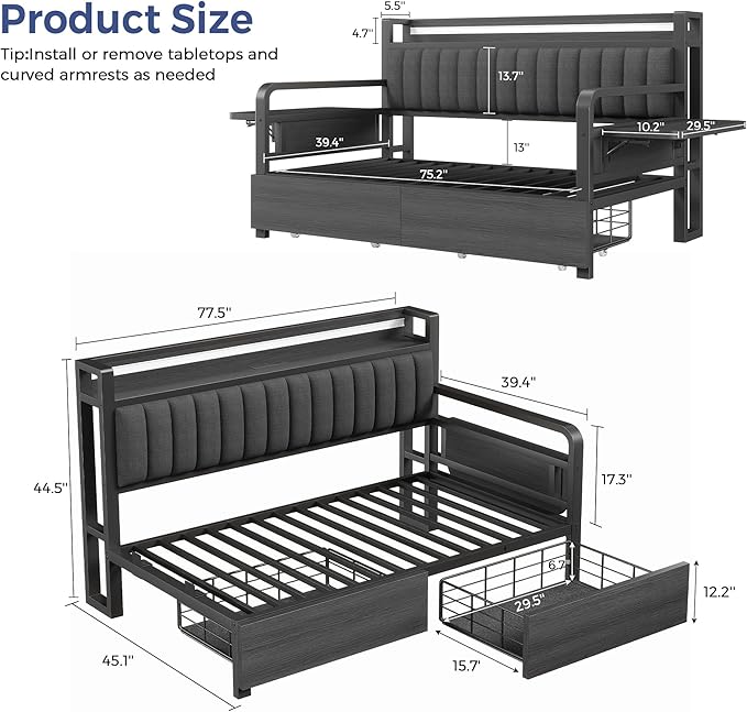 Jocoevol Twin Corner Bed Frame with Storage Drawers and LED Light, Heavy Duty Metal Daybed with Upholstered Storage Headboard & Charging Station, Twin Size Day Bed for Kids Teens Guests, Black