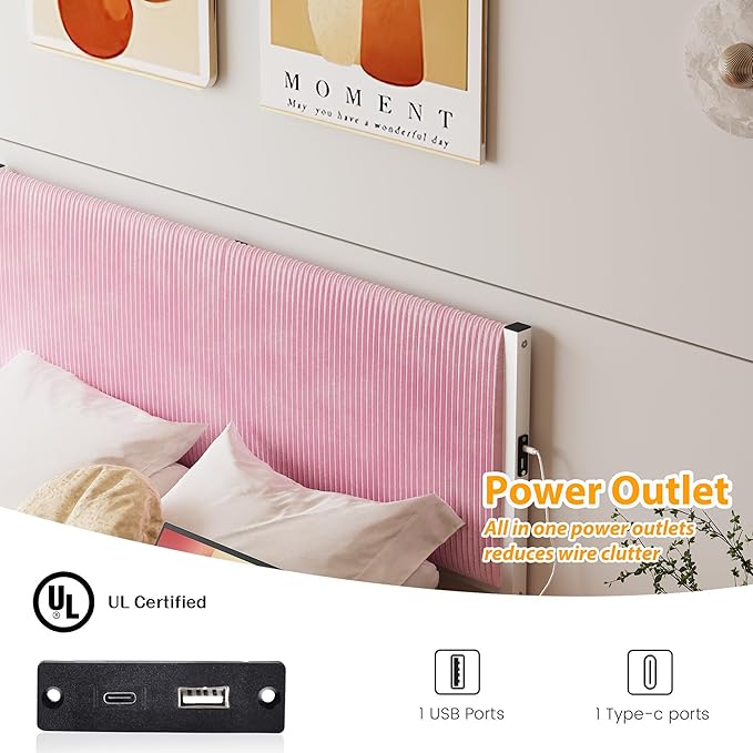 Full Size Floating Bed Frame with LED Lights & USB Charging Station,Metal Bed Frame Full Size with Upholstered Headboard,Platform Mattress Foundation,No Box Spring Needed,Easy Assembly,Pink