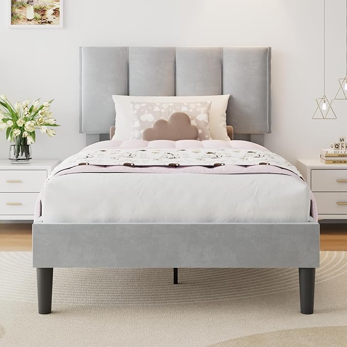 VECELO Twin Size Bed Frame with Upholstered Headboard, Heavy-Duty Bedframe with Wooden Slats & Steel Framework, Easy Assembly, Light Grey