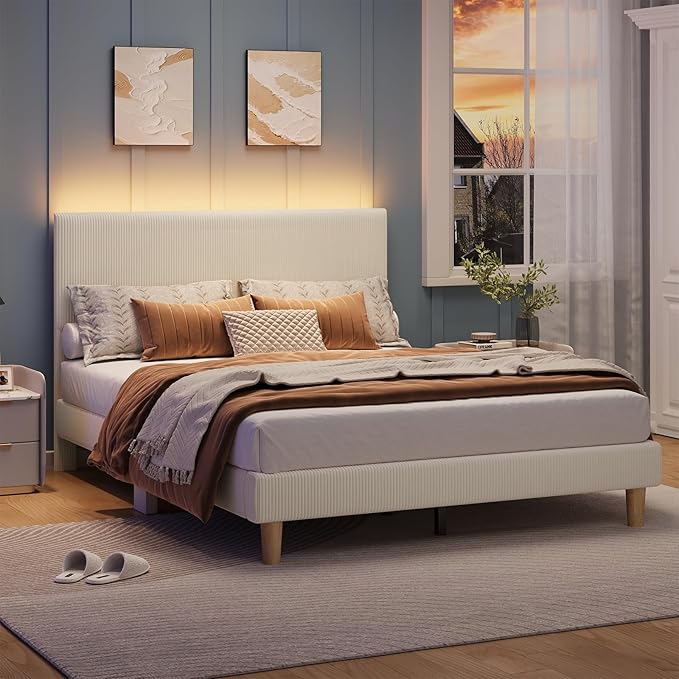 Bestier Queen Bed Frame with Headboard,Platform Queen Size Bed Frame with LED Lighting,Bed Frame Wooden Slats Support,No Box Spring Needed,Never Squeaks, Easy Assembly,Beige