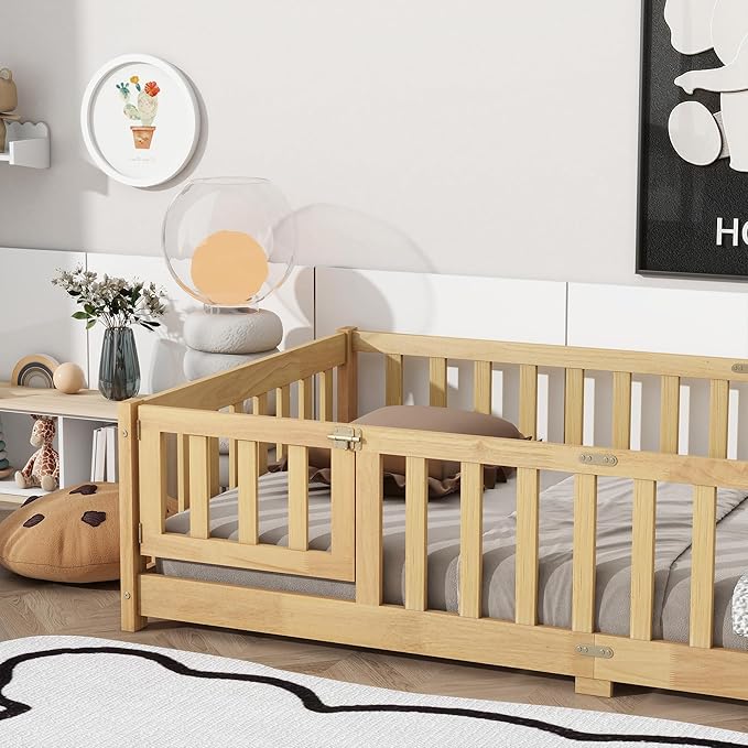 Bellemave Twin Floor Bed with Slats and Door, Twin Size Montessori Floor Bed with Fence and Door, Easy Assemble Montessori Beds Frame for Girls, Boys, Natural