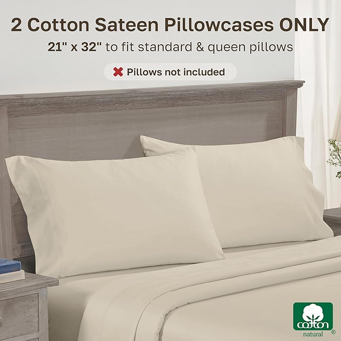 California Design Den Pillow Cases Standard Size Set of 2-600 Thread Count Sateen, 100% Cotton, Soft and Breathable, Fits Standard and Queen Pillows - Beige