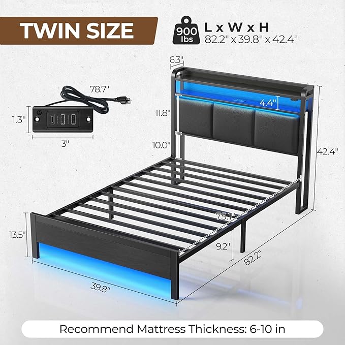 Rolanstar Bed Frame Twin Size with Charging Station and LED Lights, PU Leather Headboard with Storage Shelves, Heavy Duty Metal Slats, No Box Spring Need, Noise Free, Easy Assembly, Black