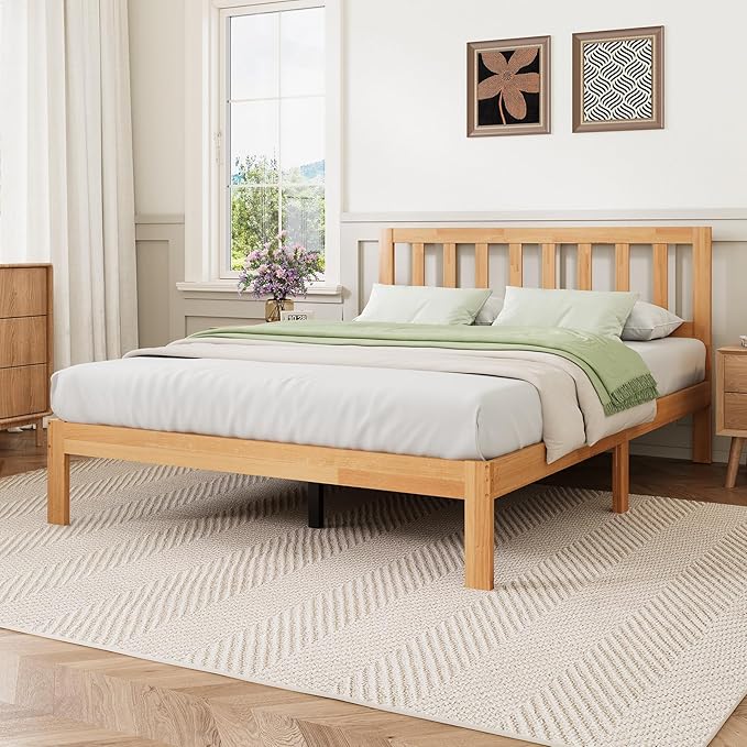 Novilla 12 Inch Full Size Bed Frame Solid Wooden Full Bed Frames with Headboard Wooden Classic Bed Frame Foundation, No Box Spring Needed, Easy Assembly, Natural Grain Wood