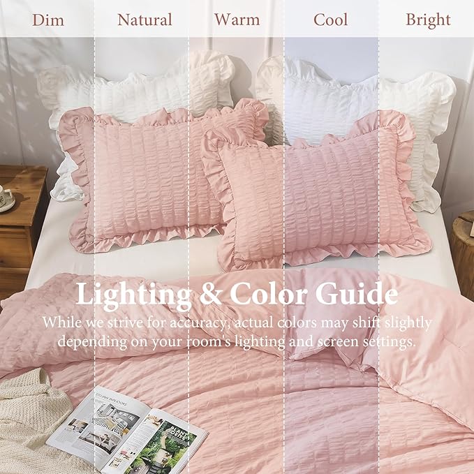 JOLLYVOGUE King Size Comforter Set, 3 Pieces Rose Gold Seersucker Comforters King Size, Lightweight & Fluffy Bedding Sets King for All Season with 1 Ruffle Comforter and 2 Ruffle Pillowshams