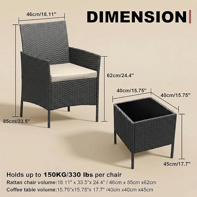 GarveeHome 3-Piece Patio Bistro Set, PE Rattan Outdoor Conversation Furniture with 2 Cushioned Chairs & Coffee Table, Weather-Resistant for Backyard, Balcony, Porch (Beige Cushion)