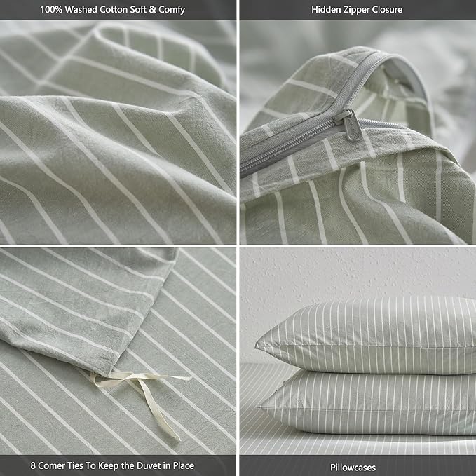 MooMee Striped Duvet Cover Set 100% Washed Cotton Linen Like Textured Breathable Durable Soft Comfy (Sage Green White Wide Stripes, King 104"x90")