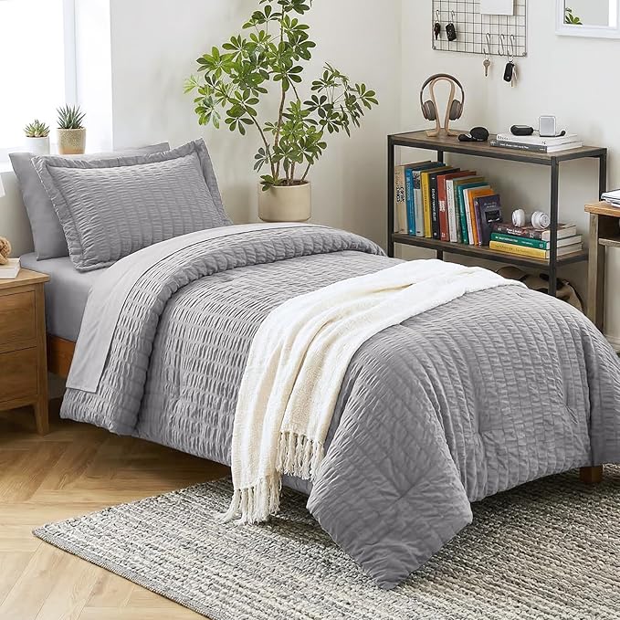 CozyLux Twin Comforter Set with Sheets 5 Pieces, Grey Seersucker Textured Bed in a Bag, Gray Luxury Soft Bedding Sets with Down Alternative Comforter, Sheets, Pillowcase & Sham for All Seasons