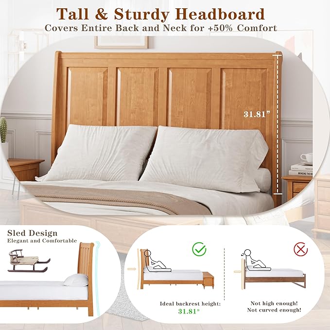 KEIKI Queen Size Platform Bed Frame with Storage Chest, Wooden Sleigh Bed with High Headboard and Footboard Storage Bench, Solid Wood Construction, No Box Spring Needed, Natural