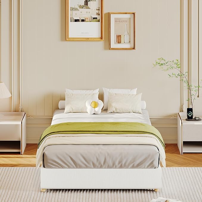 GarveeHome Twin Size Cloud Bed Frame，Corduroy Low Bed Frame Without Headboard, Thick Fabric Upholstered Platform Bed, Solid Wood Legs, No Box Spring Needed, Never Squeak, Easy Assembly, White