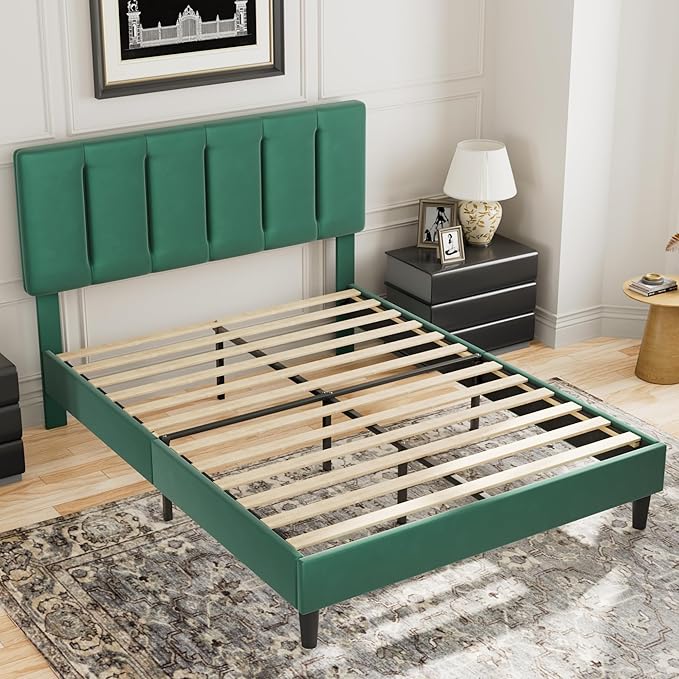 VECELO Queen Size Bed Frame with Adjustable Headboard, Upholstered Platform Bedframe with Wood Slat Support, No Box Spring Needed, Easy Assembly, Dark Green