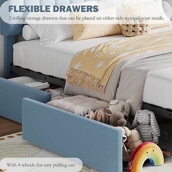 IDEALHOUSE Full Bed Frame with 2 Flexible Drawers and Bookcase Headboard, Boucle Upholstered Platform Bed for Boys, Noise-Free, Easy Assembly, No Box Spring Needed, Blue