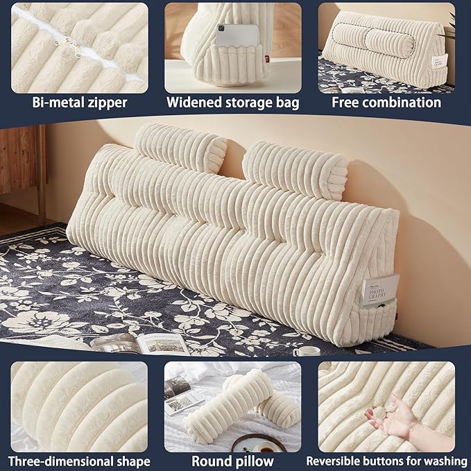 Rycwola Faux Fur Headboard Pillow with 2 Pack Neck Roll Pillow Large Headboard Pillow Soft and Supportive with Removable Cover (Beige, King)