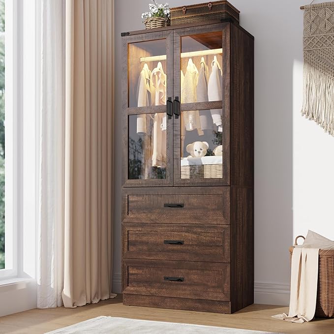 75" Tall Farmhouse 2 Doors Armoire Wardrobe Closet with 3 Drawers and LED,Freestanding Closet Wardrobe Cabinet for Bedroom with Hanging Rod,Wooden Armoire Storage Cabinet with Adjustable shelve(Brown)