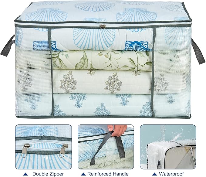 MKOKYD 80L Clear Large Storage Bag, Clothes Storage Containers for Organizing Closet, Bedroom, Underbed, Comforters, Clothing, Blankets, Pillow, Foldable Organizer with Sturdy Handle and Zippers (3)