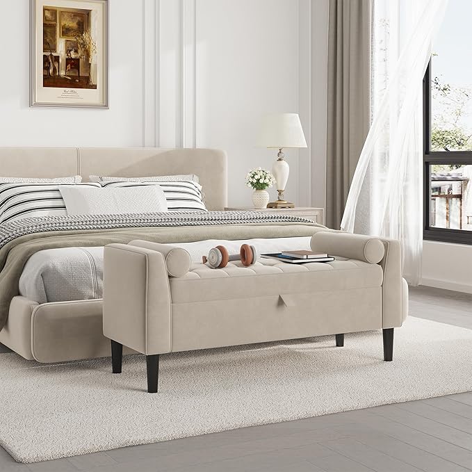 Garvee 46.5 in Storage Ottoman Bench – Upholstered End-of-Bed Storage Chest with Rolled Armrests & Wood Legs, Entryway Shoe Bench and Footrest Seat for Hallway, Bedroom & Living Room （Beige）