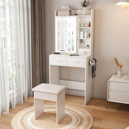 Montary Small Makeup Vanity Desk with Sliding Mirror and Adjustable Lights, 23.6" D Vanity Table Set with 2 Drawers & Power Outlet & Hair Dryer Bracket & Padded Stool & Storage Shelf
