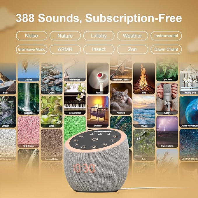 Santebee Sound Machine for Sleep, White Noise Sound Machine 388 Soothing Sounds, 3 Custom Buttons Smart APP Control Night Light, Noise Canceling Dimmable Clock for Adults Baby Kids Lullaby Office