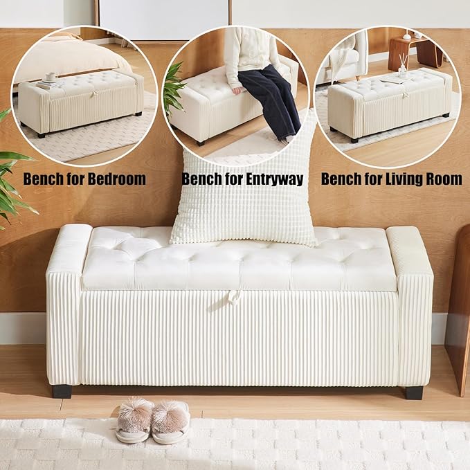 Storage Ottoman Bench, Bench for Bedroom End of Bed, Ottoman with Storage for Living Room and Entryway (Velvet White)