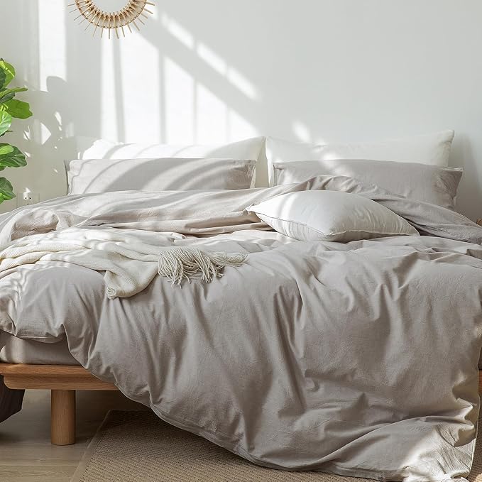 MooMee Bedding Duvet Cover Set 100% Washed Cotton Linen Like Textured Breathable Durable Soft Comfy (Heathered Brownish Grey, Super King Plus 120"x120")