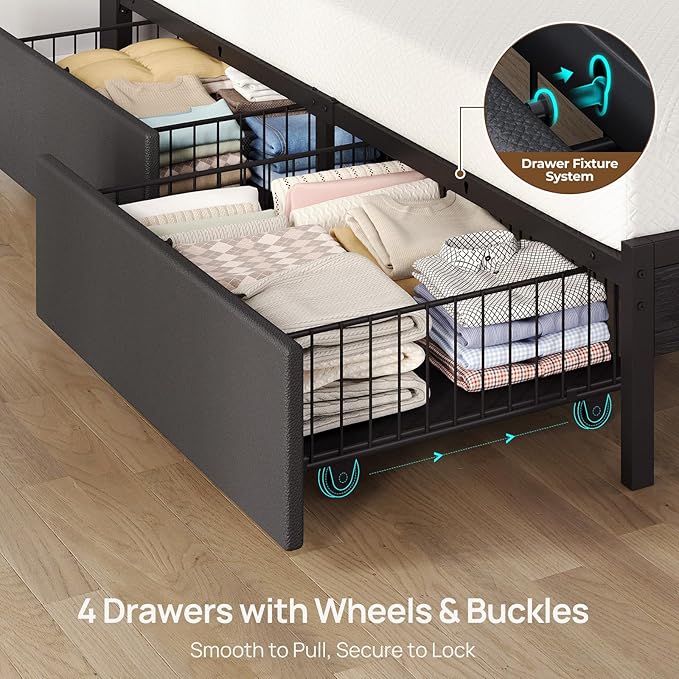 Rolanstar Twin Bed Frame with 4 Drawers, LED Lights and Charging Station, Metal Platform Bed with Storage Headboard, Noise Free, Easy Assembly, No Box Spring Needed, Black