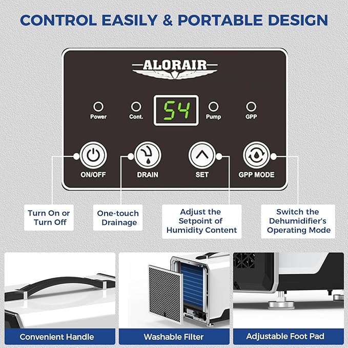 ALORAIR 70 Pints Crawl Space Dehumidifier with Pump and Drain Hose, Compact Basement & Commercial Dehumidifier for Water Damage Restoration, Covers Up to 1,000 Sq. Ft., 6-Year Limited Warranty