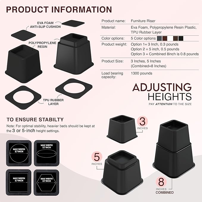 Utopia Bedding Bed Riser, 3 & 5 Inches Adjustable Furniture Risers for 8 Inch Combined Furniture Lift, Under Bed Storage & Dorm Room Essential, Supports Up to 1,300 lbs (4 Set, Black)