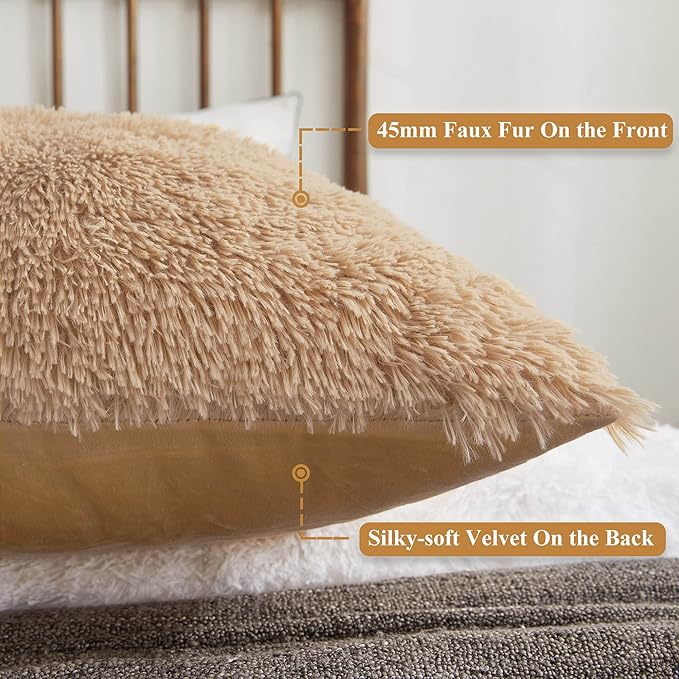 XeGe Luxury Shaggy Faux Fur Body Pillow Cover, Fluffy Bed Pillow Case w Zipper Closure, Soft Decorative Plush Long Pillow Sham, Fuzzy Hug Pillow for Home Bedroom Pregnant Women 20"x54" Camel