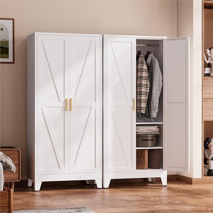 COFaR 71" Metal Wardrobe Closet with Adjustable Hanging Rod & 2 Shelves, Freestanding 2-in-1 Armoire Cabinet with Large Top/Bottom Storage, White Steel Closet Organizer
