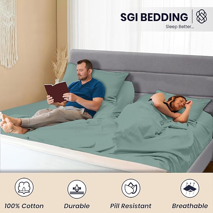 SGI bedding 36" King Split Top Flex Head Sheet 100% Egyptian Cotton 1000 TC Flex Top Sheets for Adjustable Bed 4Pc Set 15 inch Deep Pocket for Sleep Number Bed - Aqua Green
