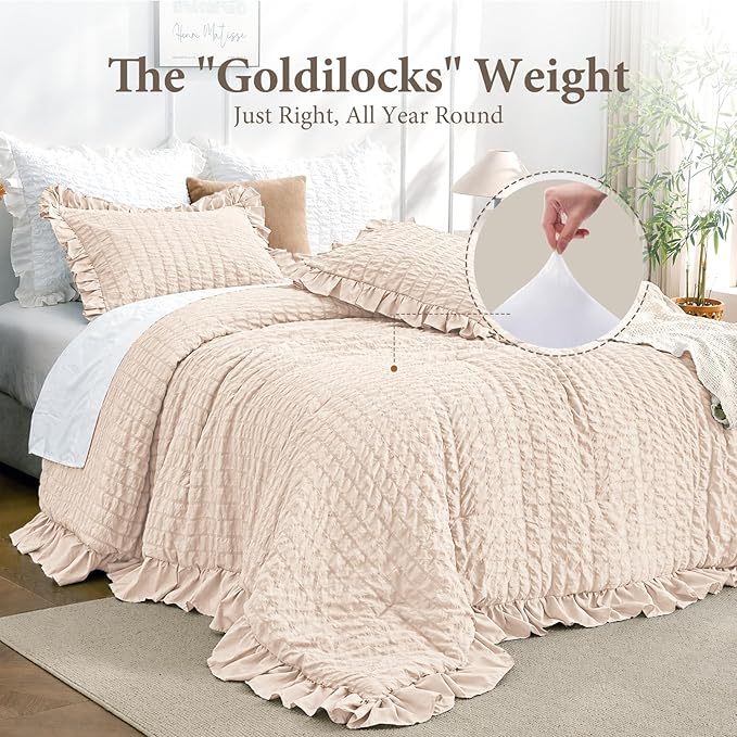 JOLLYVOGUE Beige Queen Comforter Set, 3 Pieces Seersucker Comforters Queen Size, Lightweight & Fluffy Bedding Sets Queen for All Season with 1 Ruffle Comforter and 2 Ruffle Pillowshams