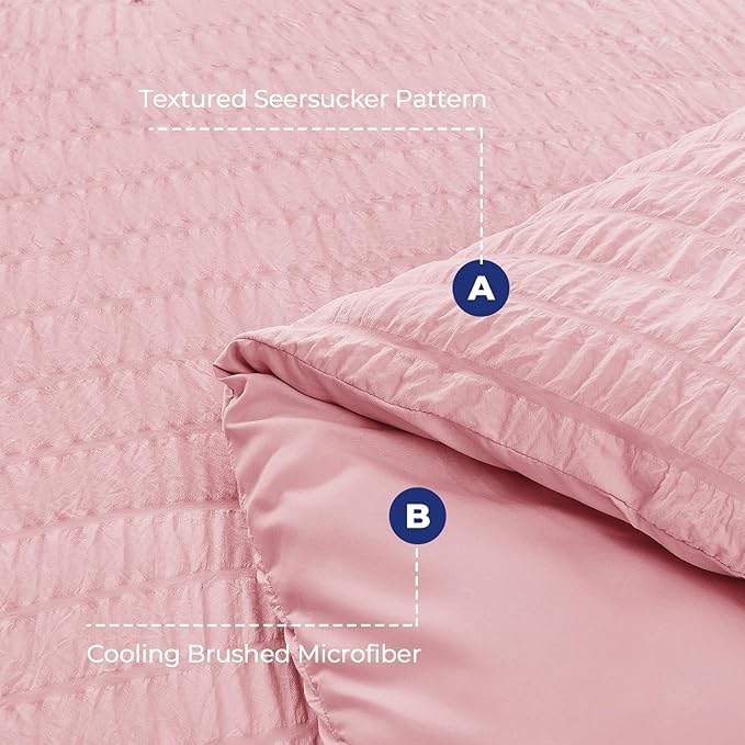 HYMOKEGE Pink Twin Comforter Set Seersucker 5 Pieces, All Season Luxury Bed in a Bag for Bedroom, Bedding Set with Comforters, Sheets, Pillowcase & Sham