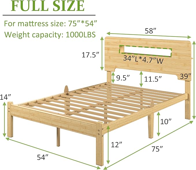 ZIYOO Full Size 12" Bamboo Bed Frame, Durable Platform Bed with Bamboo Outer Frame & Iron Slat Support, Stable & Noiseless Bed Foundation, Easy to Put Together