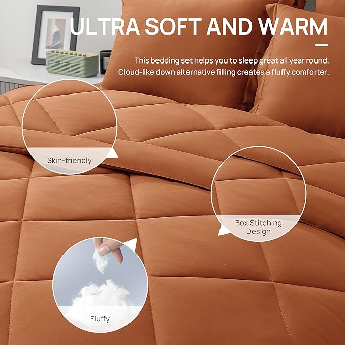 Love's cabin Twin XL Comforter Set Terracotta, 5 Pieces Twin XL Bed in a Bag, All Season Bedding Sets with 1 Comforter, 1 Flat Sheet, 1 Fitted Sheet, 1 Pillowcase and 1 Pillow Sham | Soft, Breathable, Lightweight, Comfortable