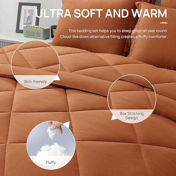 Love's cabin King Size Comforter Set Terracotta, 7 Pieces King Bed in a Bag, All Season Bedding Sets with 1 Comforter, 1 Flat Sheet, 1 Fitted Sheet, 2 Pillowcase and 2 Pillow Sham | Soft, Breathable, Lightweight, Comfortable