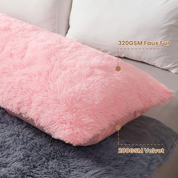 MEGO Pink Faux Fur Body Pillow Cover, 20x54, Fluffy Plush Pillowcase