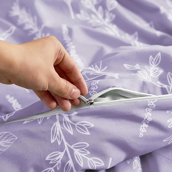 MUXHOMO Duvet Cover Full Size, Reversible Floral Lavender Duvet Cover Set with Zipper Closure, 3 Pieces Botanical Patterns Soft Microfiber Bedding Set with 4 Ties (80"x90", 2 Pillow Cases)