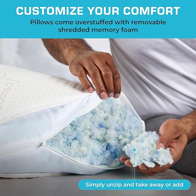 Xtreme Comforts GREENGUARD Certified Queen Pillows for Sleeping (2 Pack) | Adjustable Shredded Memory Foam Pillows with Removable Cover | Support for Side, Back & Stomach Sleeper