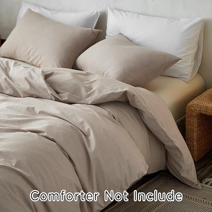 TOCOMOA Duvet Cover Set 100% Washed Cotton Linen Feel Soft Comfy Breathable 3 Piece Comforter Covers Bedding Set (Queen, Heathered Linen Grey)
