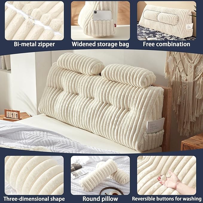 Rycwola Faux Fur Headboard Pillow with 2 Pack Neck Roll Pillow Large Headboard Pillow Soft and Supportive with Removable Cover (Beige, Full)