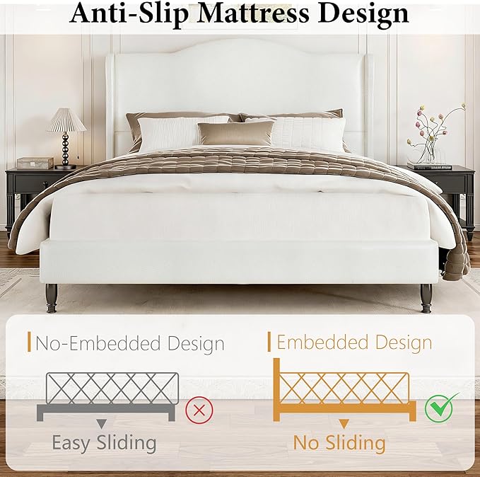 Upholstered Bed Frame with Tall Headboard, Leather Queen Platform Bed Frame with Wingback Sides, Wood Slats Support, Noise-Free Design, No Box Spring Needed, Easy Assembly, White