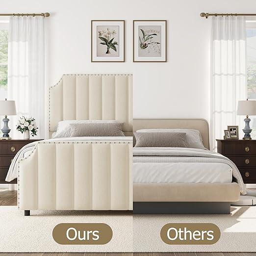 GarveeHome King Size Platform Bed Frame with 50.2 in Headboard, Velvet Upholstered Bed Frame with Vertical Channel Tufted Headboard & Footboard, Nailhead Trim, No Box Spring Needed, Cream