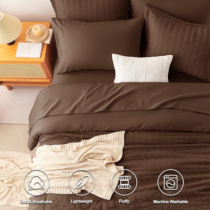 CozyLux Oversized Queen Comforter Set Brown Seersucker 7 Pieces 98x98 Bed in a Bag Comforter Set with Sheets, Luxury Soft Bedding Sets with Down Alternative Comforter, Sheets, Pillowcases & Shams