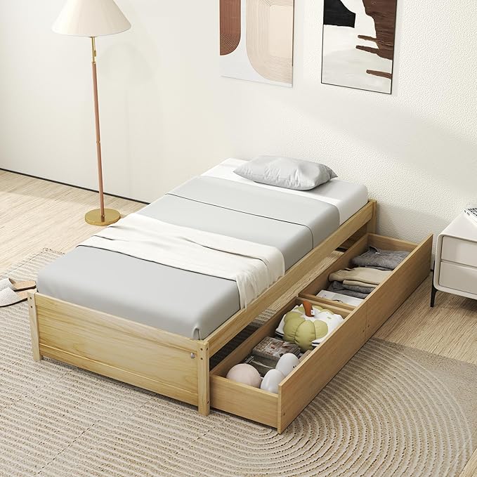 Giantex Twin Size Platform Bed Frame with 2 Storage Drawers, Solid Wood Bedframe Daybed, Wooden Slats Support Mattress Foundation, No Box Spring Needed, Twin Bed Frames for Kids Teens Adults