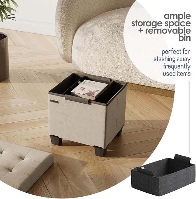 Storage Ottoman Cube with Small Bin, 15-in Square Ottoman with Storage for Living Room and Bedroom, Small Ottomans Foot Rest, Velvet Foot Stools Ottomans Max 330lbs, Beige