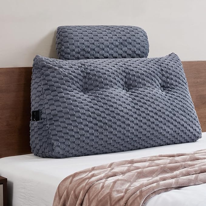 Wedge Headboard Pillow - Bed Wedge Pillow for Headboard Triangular Head board Pillows with Neck Roll -Large Bolster Pillows for Sitting in Bed Backrest Positioning Support (Grey,39x8x20 Inches)
