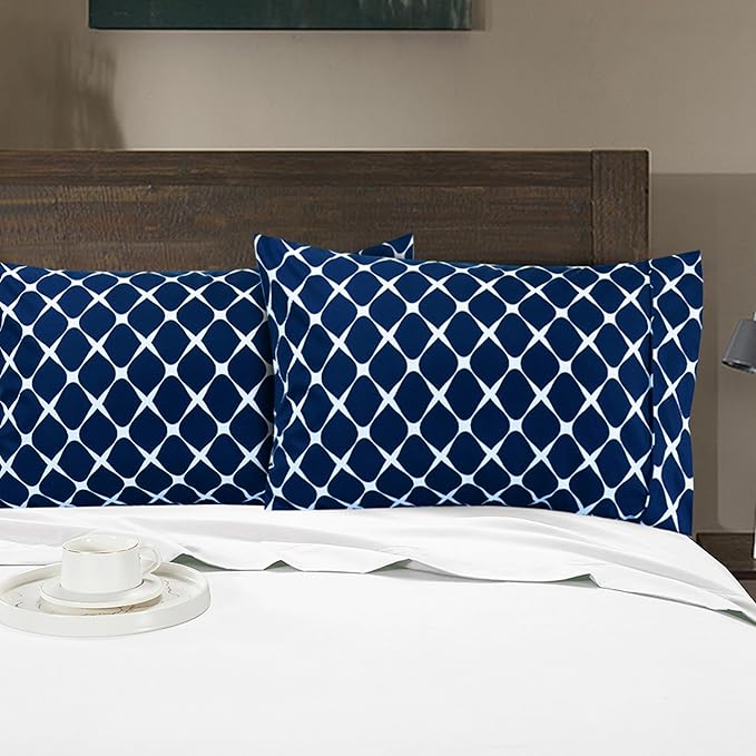 Elegant Comfort Luxury Ultra-Soft 2-Piece Pillowcase Set - 1500 Premium Hotel Quality Microfiber Double Brushed - Wrinkle Resistant, King Size, Bloomingdale Pattern Navy Blue