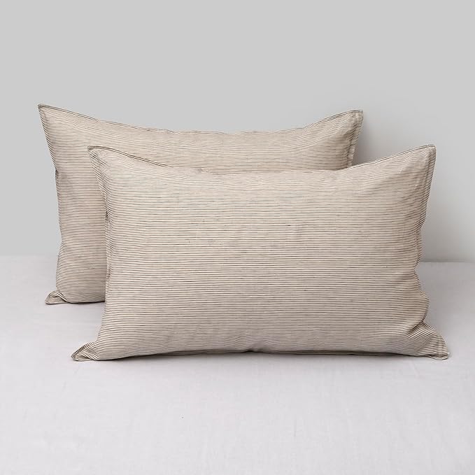 CHUFFED Linen Pillowcases 2 Pack 100% Linen Standard Pillow Cases, Breathable and Cooling Washed Pillowshams with Zipper Closure, 20x30 Inches,Grey Stripe